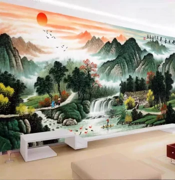 Hand-Embroidered Cross-Stitch Finished Artwork, Rising Sun and Flowing Water Bringing Wealth, New Large Living Room Landscape Painting