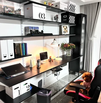 Meidas Custom Full-Wall Open Bookshelf – Wall-Mounted Desk & Storage Shelf Unit for Living Room