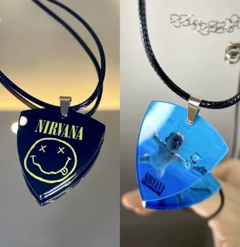 Nirvana Band Merchandise Necklace - Guitar Pick Pendant with Kurt Smiley Face and Album Art