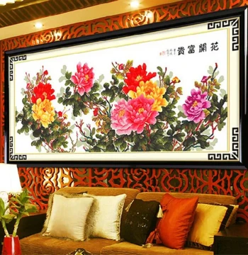 Handmade Cross-Stitch Finished Artwork, 'Blooming Flowers Bring Wealth' Six-Foot Peony, 'Purple Qi from the East' Living Room Wall Hanging, Ready-to-Hang