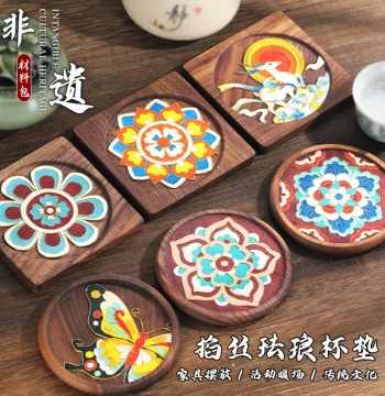 Cloisonné Enamel Coaster DIY Kit - Intangible Cultural Heritage Traditional Craft, Walnut Wood Coaster, Dunhuang Artwork