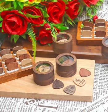 Walnut Guitar Pick Box with Solid Wood Thin Base Set, Universal for Acoustic and Electric Guitars, Real Wood Slice Gift