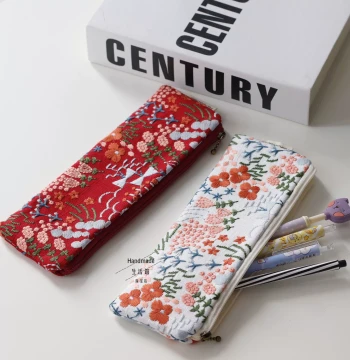Student Pencil Case, Ins Style Handmade Creative Niche Embroidery Thickened Pencil Bag, Mori Style Fabric Student Stationery Pouch