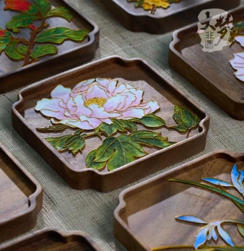 Dameng Intangible Cultural Heritage Cloisonné Enamel Black Walnut Tea Tray Coaster, Twelve Flower Gods Handmade DIY Material Kit with Glaze, Gift Set