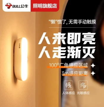 Bull Smart Motion Sensor Night Light - Rechargeable Bedside Lamp for Hallways and Bathrooms
