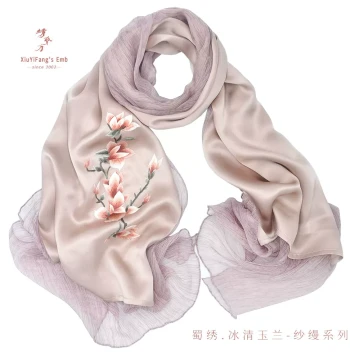 Chengdu Shu Embroidery Hand-Stitched Gauze Scarf, Mulberry Silk Shawl, Sichuan Specialty Gift with Chinese Style for Foreign Friends