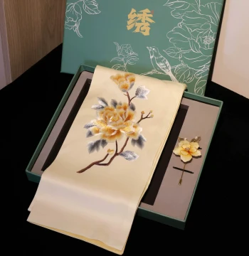 Suzhou Embroidery Scarf with Intangible Cultural Heritage Hand-Wrapped Flower Brooch Set in Gift Box, Specialty Gift for Foreigners, Moms, and Mother's Day