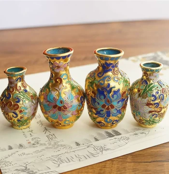 Authentic Vintage Cloisonné Vase - Small Gold-Base Bronze Bottle from Export Era