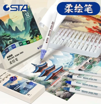 STA Sta Flex Pen Colored Soft-Tip Calligraphy Brush, Chinese Style 24 Colors for Journaling, Note-Taking, Greeting Cards, Illustration, Outlining