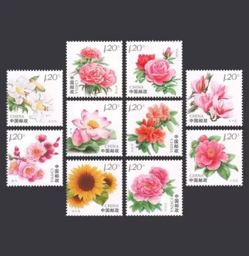 10 Pieces Top Ten Flowers Stamps, 1.2 Yuan Discounted Stamps, China Post Authentic, Usable for Mailing Letters and Parcels