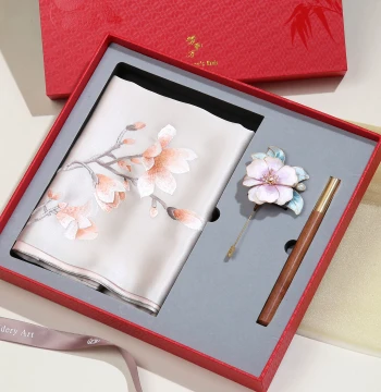 Chengdu Shu Embroidery Handmade Mulberry Silk Scarf and Velvet Flower Brooch Gift Set for Mothers and Corporate Events