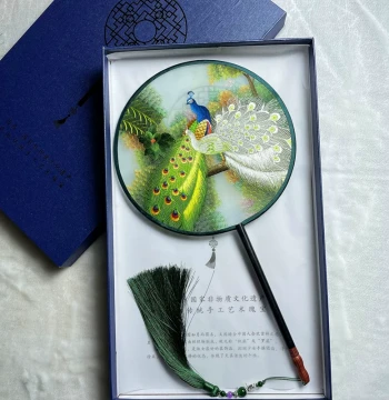 Suzhou Handmade Double-Sided Embroidery Round Fan - Traditional Hanfu Dance Fan with Long Handle