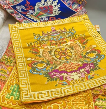 Tibetan Buddhist Altar Decor – Singing Bowl Cloth Mat with Mani Jewel, Eight Auspicious Symbols, Vajra Ritual Pad, Bell and Vajra Pad, Buddha Statue Mat