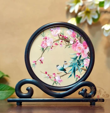 Suzhou Specialty Desktop Ornament - Double-Sided Embroidery Decor with Peach Blossoms and Birds, Handmade Su Embroidery Gift for Weddings and Friends