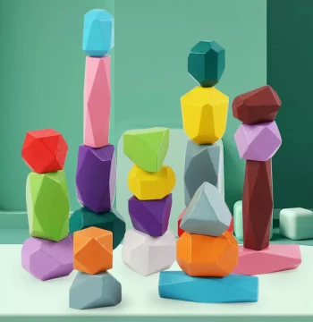 Children's Colored Wooden Stacking Stone Balance Blocks, Pebble-Shaped Focus Training Jenga Tabletop Game Toy