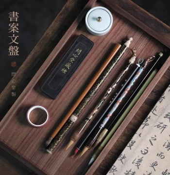 Wenxin Tang Walnut Wood Desk Organizer - Storage Box for Seals, Brushes, and Jewelry; Elegant Scholar's Desktop Decor