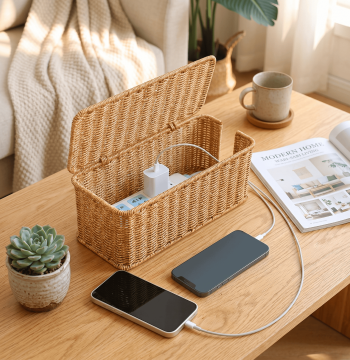 Nordic Pastoral Style Desktop Power Strip Organizer Box - Faux Woven Basket for Bedroom Data & Power Cable Storage