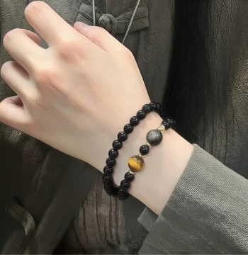 Natural Obsidian and Tiger's Eye Double-Wrap Bracelet, Unisex Fashion Crystal Beaded Jewelry, 6mm