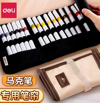 Deli Acrylic Marker Pen Case - 24-Color Portable Canvas Roll Bag for Colored Pencils, Watercolors, and Oil Pastels