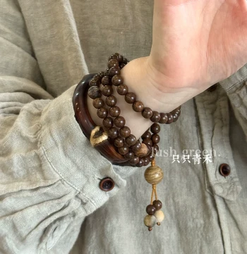 Zhi Zhi Qing He [Waiting for Spring in the Human World] Original Chinese Design Golden Sandalwood Multi-Wrap Collectible Bracelet for Men and Women