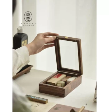 Dongyi North American Black Walnut Storage Box for Seals and Collectibles, Desktop Organizer and Display Case for Four Treasures of the Study