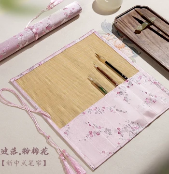 Lanzhai Bamboo Roll-Up Brush Case for Calligraphy Brushes - Traditional Chinese Style with Pocket for Ink and Painting Supplies