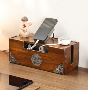 Yili Solid Wood Power Strip Organizer Box - Desktop Cable Management Hub for Outlets and Data Lines