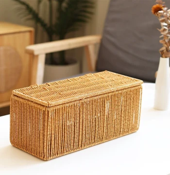 Rattan-Woven Organizer Box for Power Strips, Cables, Data Lines, and Chargers; Desktop Cable Management and Hidden Wire Box