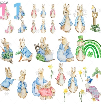 Peter Rabbit Blue and Pink Family Forest Style Watercolor Hand-Painted Baby Shower Birthday Poster Background Design Material
