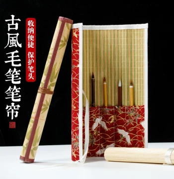 Large Capacity Bamboo Brush Roll, Portable Calligraphy Case with Vintage Japanese Style Breathable Design