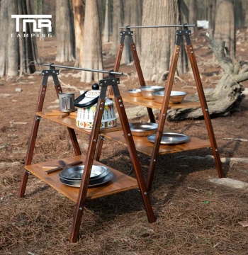 TNR Outdoor Camping Solid Wood Shelving Unit - 2-Tier Portable Storage Rack for Kitchen, Picnic Table, Plant Stand, Bookshelf (Large)