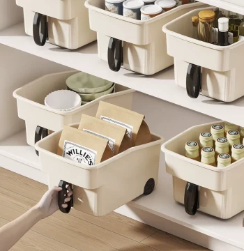 Jujia Kitchen Cabinet Storage Box with Handle - Multi-Function Spice and Pot Lid Rack, Plastic Organizer Shelf