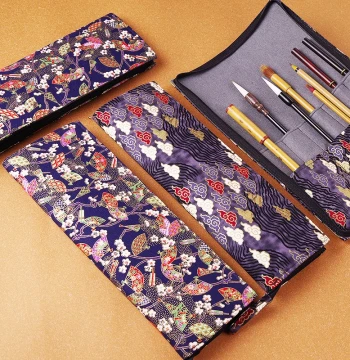 Gold-Foiled Zippered Pencil Case, Premium Calligraphy Brush Roll for Chinese Painting, Portable Handmade Fabric Storage with Ancient Style