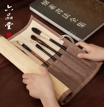 Liupintang Linen Calligraphy Brush Roll, Portable Bamboo Brush Case, Student Pouch for Chinese Painting and Storage