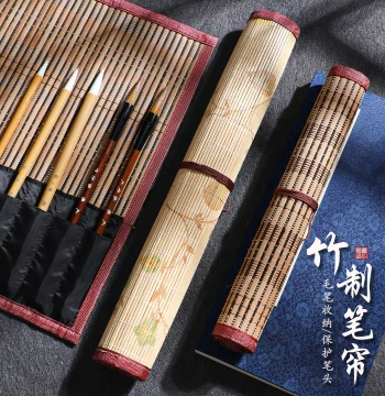 Chinese Style Portable Large-Capacity Brush Roll Case for Calligraphy Brushes, Student Pencil Case, Bamboo Scroll Storage for Four Treasures of the Study, Calligraphy and Painting Supplies