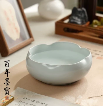 Large Ru Kiln Begonia Brush Washer Ceramic Multi-Function Calligraphy Brush Cleaning Tool Four Treasures of the Study Creative Decor Wholesale Practice Water Vessel Chinese Painting Ink Large Celadon Brush Washer Basin Ink Pool