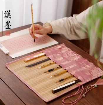 Bamboo Pen Roll with Brocade, Simple Colorful Pencil Case, Breathable Storage Bag