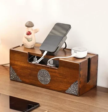 Yili Solid Wood Cable Management Box - Desktop Extension Cord Organizer for Power Strips and Data Cables