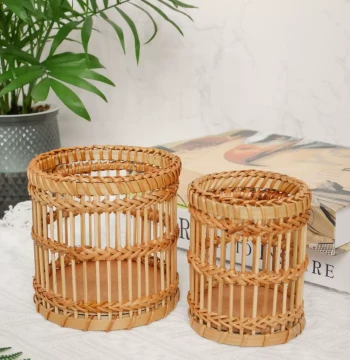 Bamboo Pen Holder with Woven Retro Design for Desktop Storage