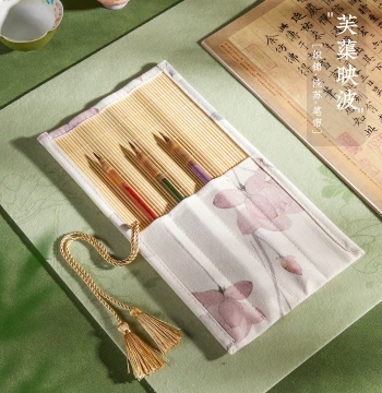Vintage Bamboo Brush Roll with Brocade Fabric - High-Capacity Breathable Storage for Calligraphy Brushes