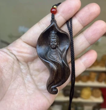 Vietnamese Agarwood Guanyin Pendant - Hand-Carved Wooden Amulet Necklace with Lotus Design
