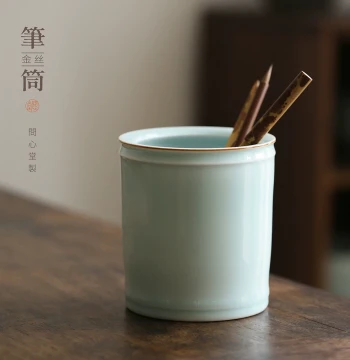 Wenxintang Ceramic Brush Holder with Calligraphy Brushes, Exquisite Decorative Piece, Powder-Glazed with Gold Veins, High-End Minimalist Office Decor