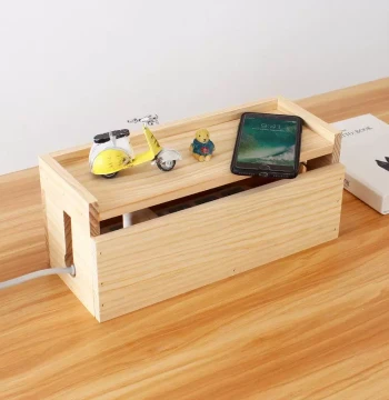 Solid Wood Cable Management Box for Power Strips, Cords, and Data Cables - Computer Wire Organizer