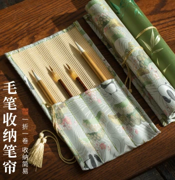 Meilin Brush Studio Panda Chinese-Style Bamboo Brush Roll - Portable Retro Calligraphy Brush Case for Students & Four Treasures of the Study