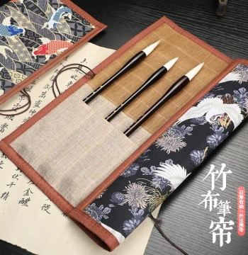 Cao Yige Portable Calligraphy Brush Roll – Bamboo Mat Case for Four Treasures of the Study, Large-Capacity Storage for Students & Artists (Chinese Style)