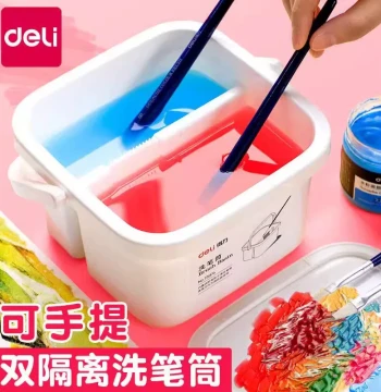 Deli 2-in-1 Compartmentalized Brush Washing Bucket for Oil and Watercolor Painting, Portable Handle, Doubles as Palette, Art Tool for Students and Children