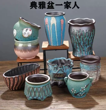 Succulent Plant Pots, Ceramic Thumb-Sized Small Retro Purple Clay and Maifan Stone Combination, Large Creative Wide-Mouth Clearance Sale