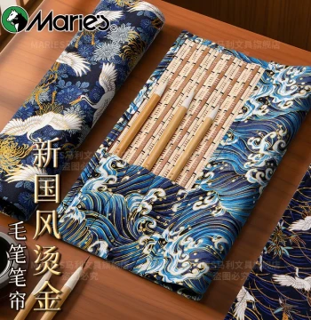 Marie's Chinese Style Gold-Foiled Bamboo Brush Roll, Large Capacity Calligraphy Pencil Case for Students, Portable Painting Storage & Protection Bag