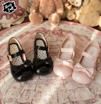 [Deposit Group 12] Hug Bear Patent Leather Low-Mid Heel, Lamb Puff Lolita with Bear Buckle and Bow