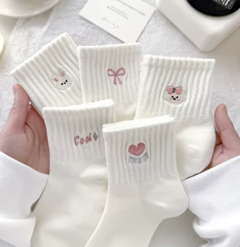 Women's White Socks: Spring/Summer Mid-Calf Style with Cartoon Rabbit Design, Korean and Japanese College Trend